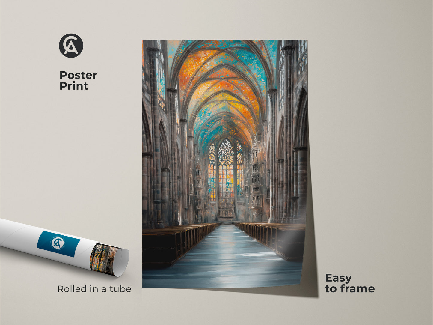 This poster print showcases an Impressionistic Gothic cathedral interior. The architectural artwork features stained glass in hues of orange blue and teal. Easy to frame this rolled art print is perfect for history buffs. Add a touch of traditional style to your home decor.