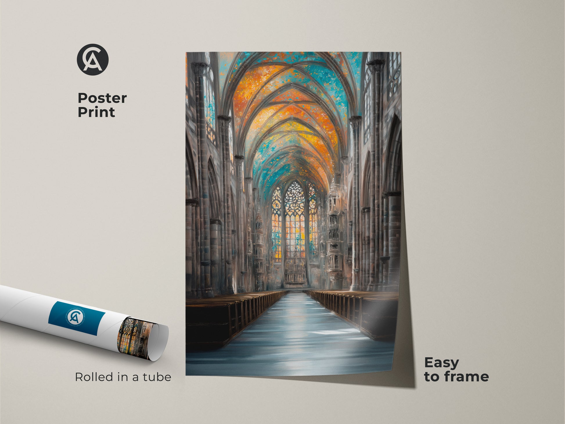 This poster print showcases an Impressionistic Gothic cathedral interior. The architectural artwork features stained glass in hues of orange blue and teal. Easy to frame this rolled art print is perfect for history buffs. Add a touch of traditional style to your home decor.