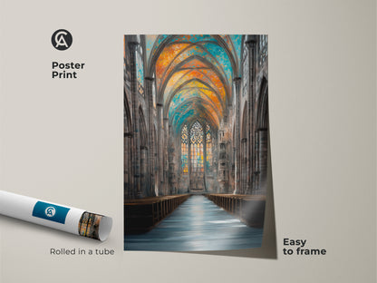 This poster print showcases an Impressionistic Gothic cathedral interior. The architectural artwork features stained glass in hues of orange blue and teal. Easy to frame this rolled art print is perfect for history buffs. Add a touch of traditional style to your home decor.