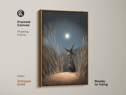 Framed Canvas of fantasy wall art ready to hang. The witch gazes at the moonlight. The Floating Frame is antique gold. Find Navy Blue Gold Moonlight Canvas art. This boho bedroom decor is a perfect Halloween Occasion Gift.