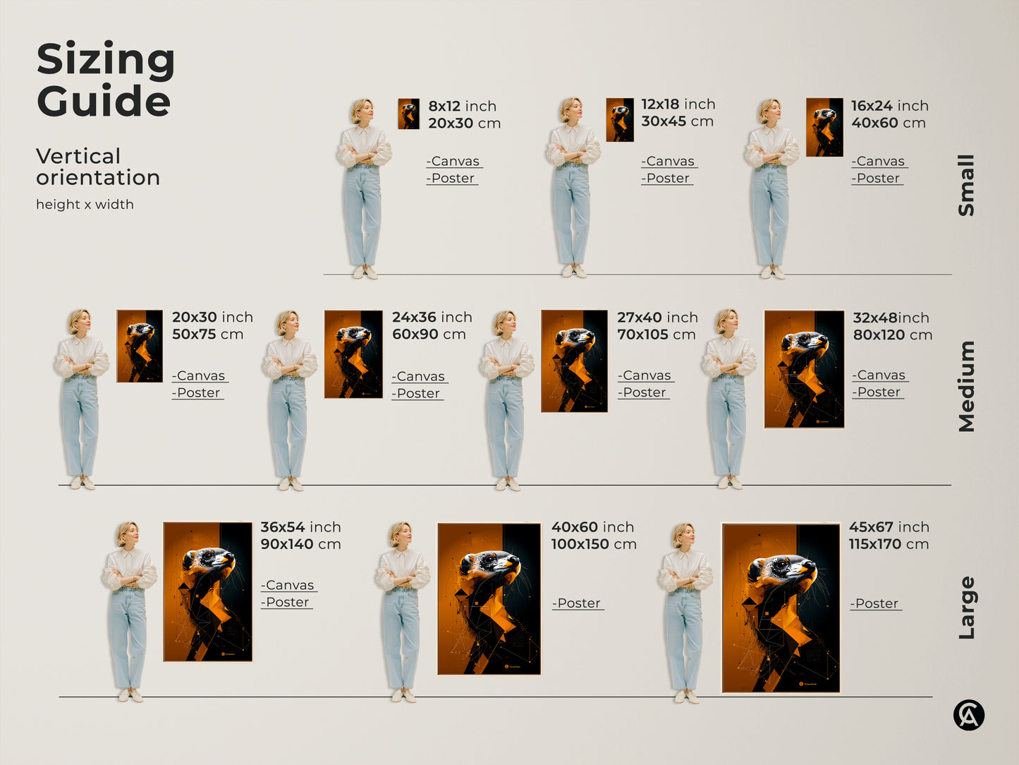 Sizing guide for vertical geometric ferret canvas and poster prints. Choose from small to large sizes for your perfect animal graphic art print for modern spaces and abstract artwork.