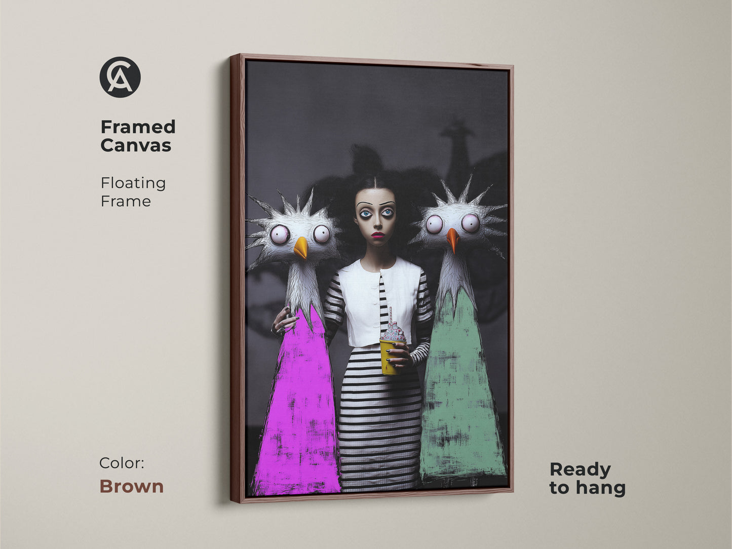 Offbeat home decor featuring an artistic girl monster in a brown framed canvas. This surrealism wall hanging is a unique poster print and is ready to hang. It's a dark fantasy girl art print framed in brown.