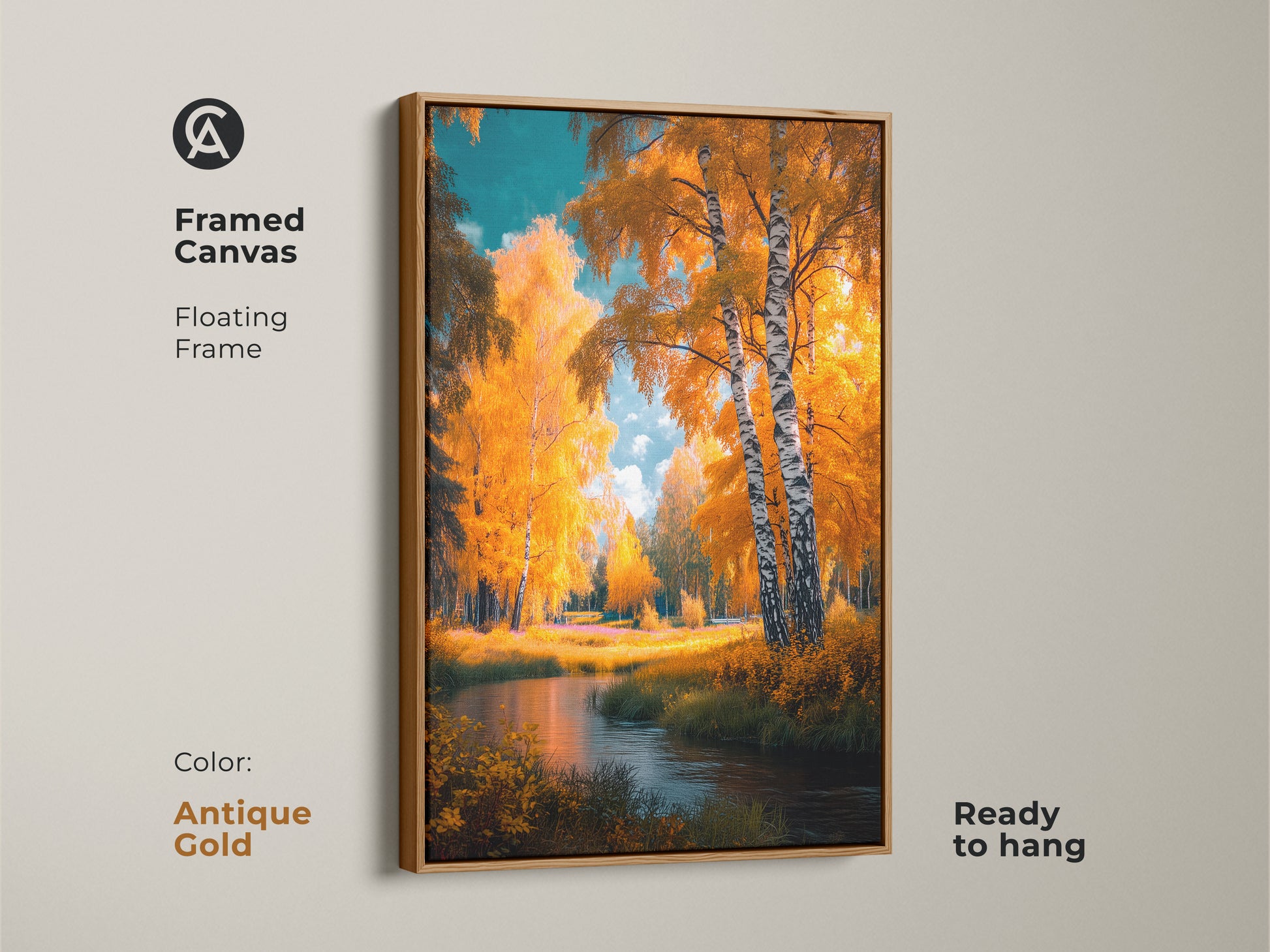 Framed canvas art with an antique gold floating frame. This ready-to-hang artwork showcases birch trees and a tranquil river. The golden autumn hues create a cozy atmosphere. Enhance your living space with this serene nature art. A timeless piece for any home.