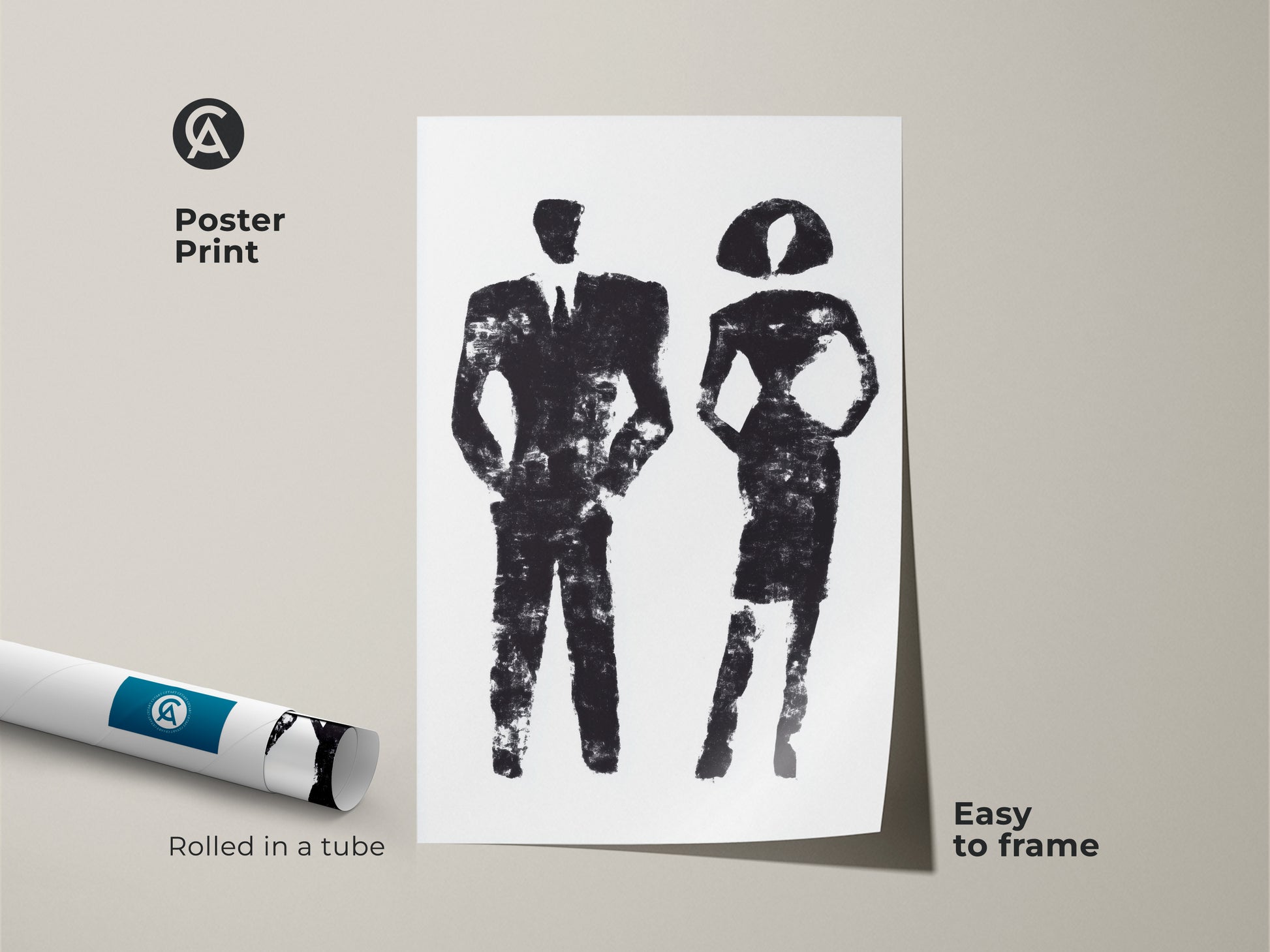 A close up of minimalist black and white abstract art featuring a man and woman. This contemporary figurative print on canvas makes perfect modern office wall decor. A striking and professional business gift.