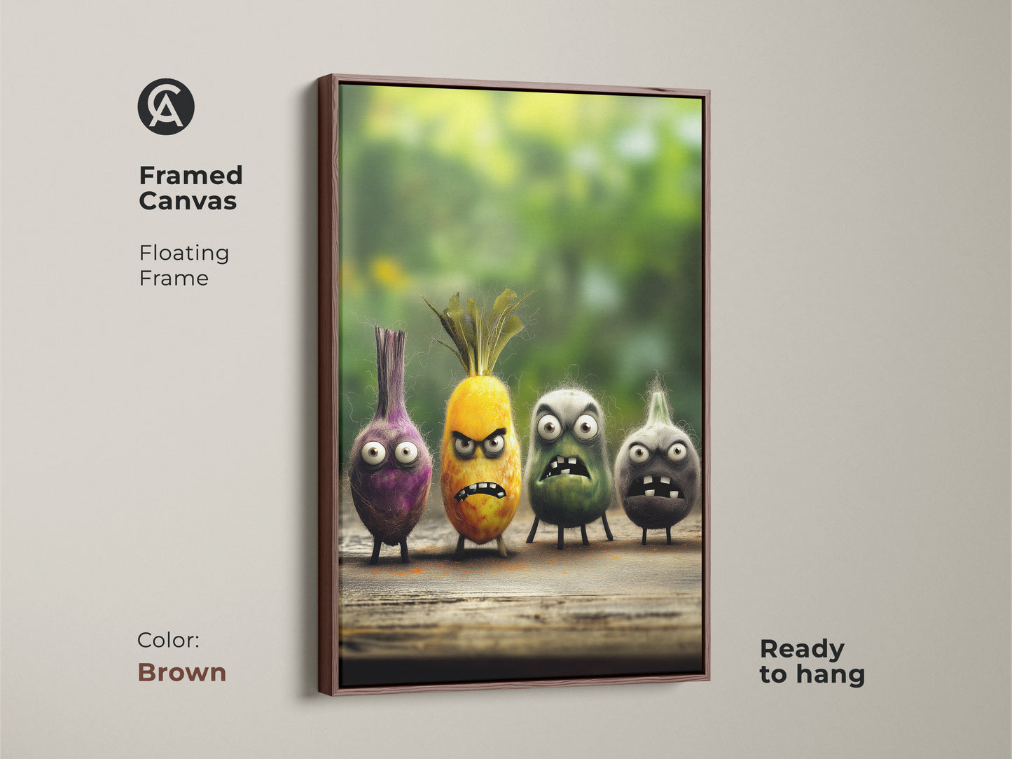 Brown framed canvas with quirky food characters art. This funny onion and pineapple wall decor is a fun addition. This cartoon kitchen art is a unique gift for foodies. Ready to hang in any space.