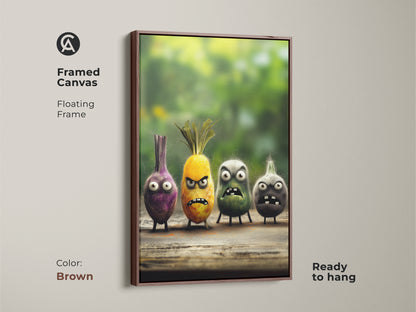 Brown framed canvas with quirky food characters art. This funny onion and pineapple wall decor is a fun addition. This cartoon kitchen art is a unique gift for foodies. Ready to hang in any space.