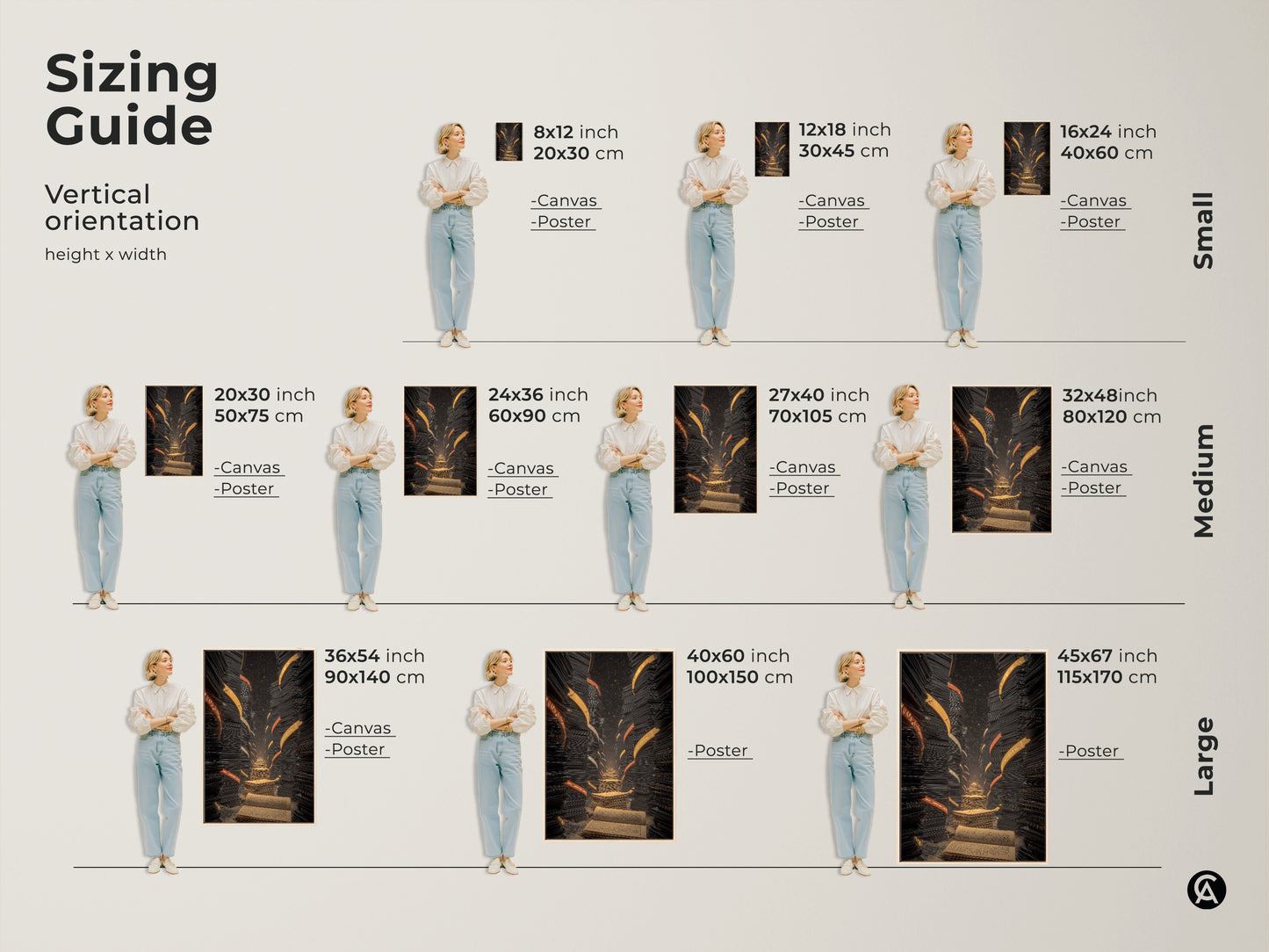 Sizing guide for the vertical surreal library staircase artwork. Sizes range from small to large for canvas and poster prints. Perfect for study room bookshelf decor. Great gift for book lovers.