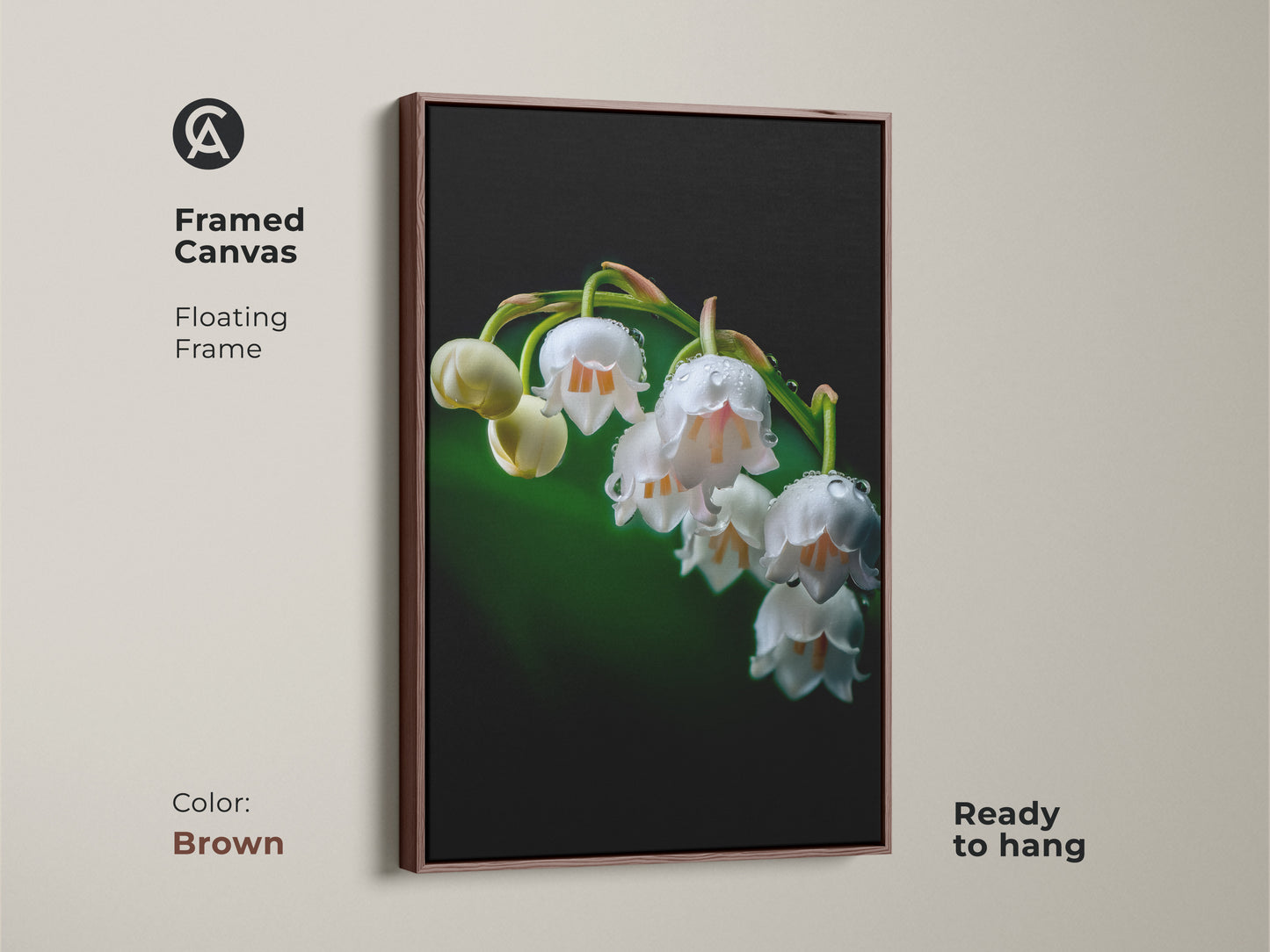Framed canvas of Lily of the Valley artwork with a brown floating frame. The botanical print highlights dewdrops on white flowers in a macro nature photo. Ready to hang this floral canvas is a beautiful wall accent.