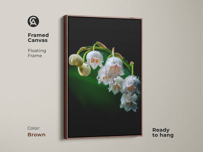 Framed canvas of Lily of the Valley artwork with a brown floating frame. The botanical print highlights dewdrops on white flowers in a macro nature photo. Ready to hang this floral canvas is a beautiful wall accent.