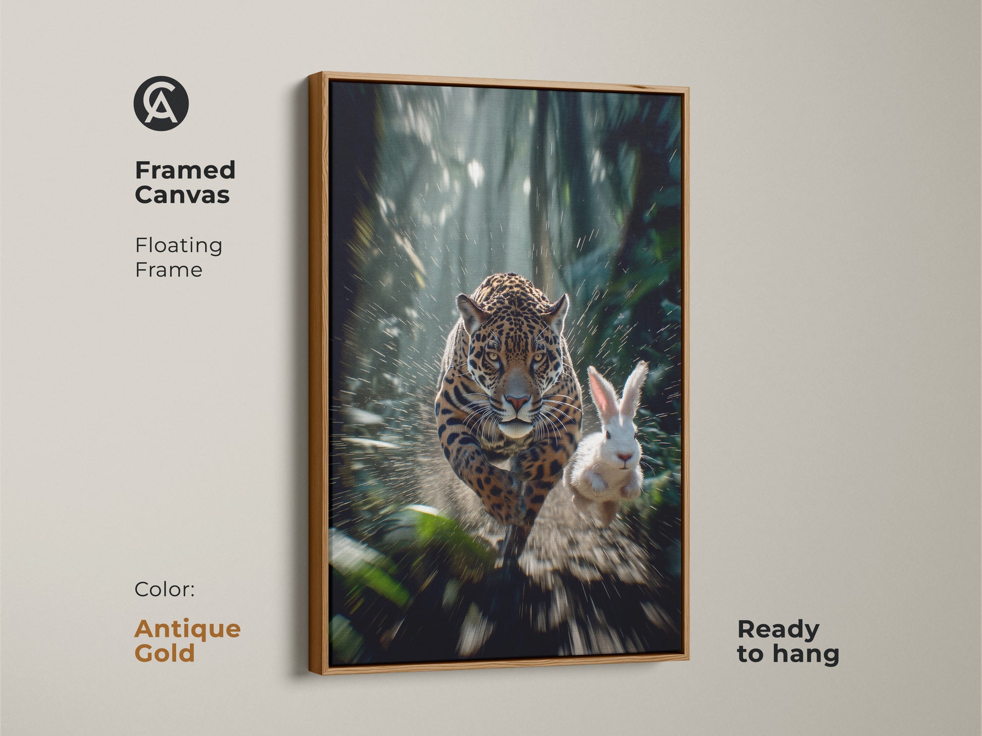 Encased in an antique gold frame this canvas art features a thrilling jaguar and rabbit chase. The motion blur effect enhances this contemporary wildlife art. Ready to hang this exotic cat canvas brings a touch of the jungle to your home. It makes a perfect gift for those who love unique wildlife artwork.
