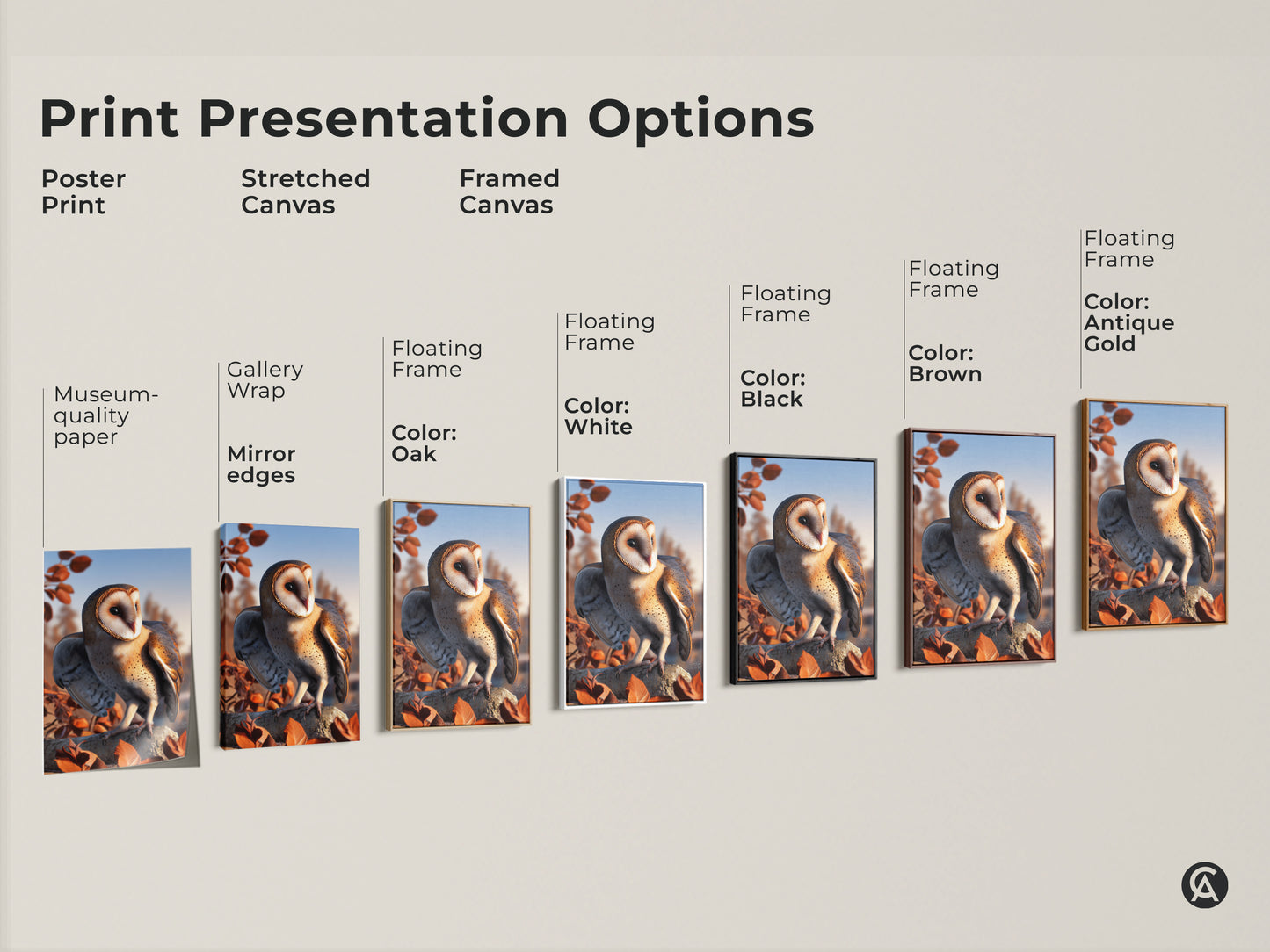 Explore print presentation options for barn owl artwork. Choose from poster stretched or framed canvas. Options include gallery wrap and floating frames. Available in oak white black brown and antique gold. Find the perfect style for your rustic home decor.
