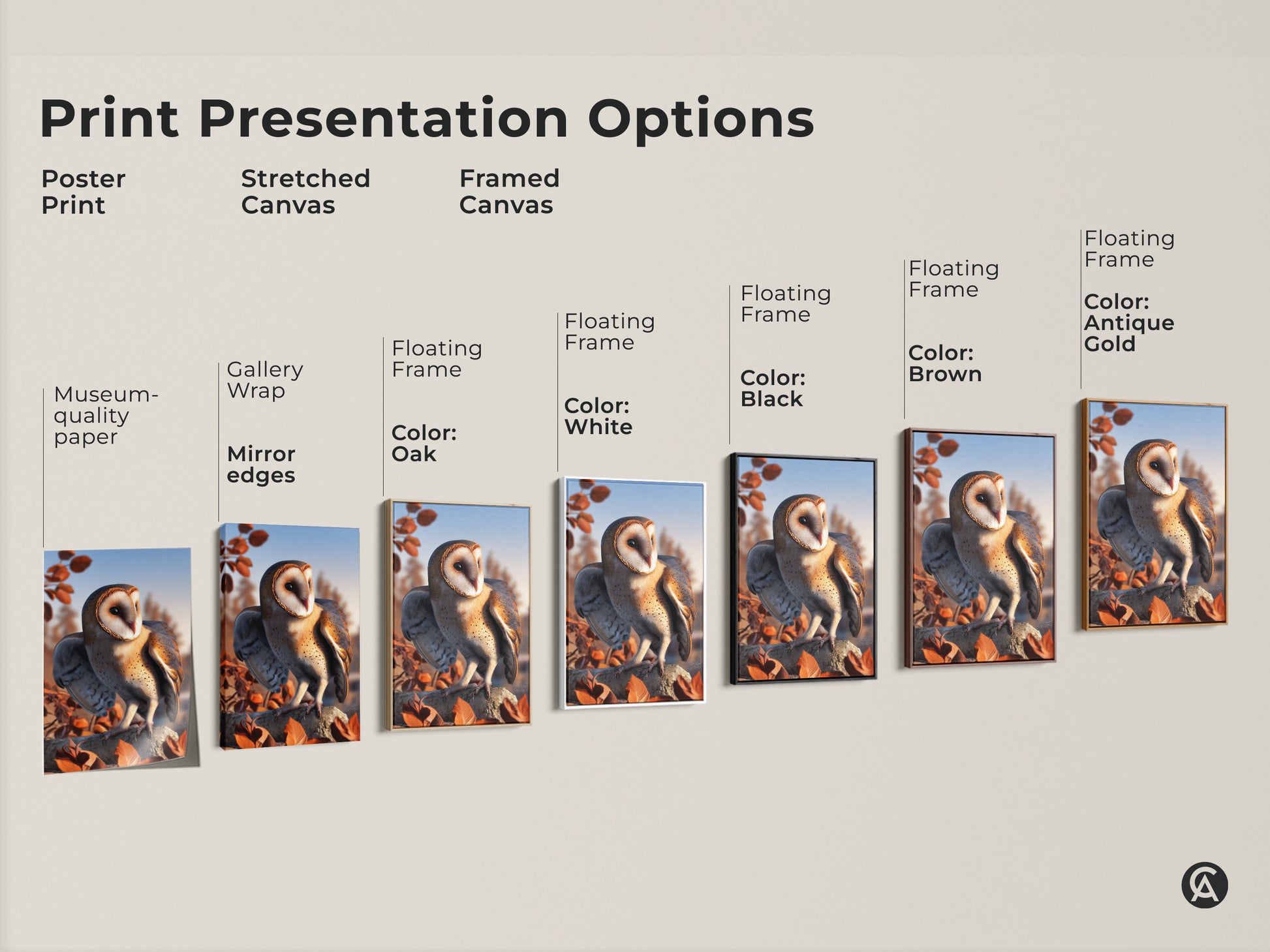 Explore print presentation options for barn owl artwork. Choose from poster stretched or framed canvas. Options include gallery wrap and floating frames. Available in oak white black brown and antique gold. Find the perfect style for your rustic home decor.