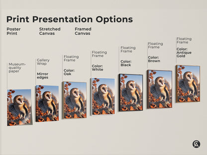 Explore print presentation options for barn owl artwork. Choose from poster stretched or framed canvas. Options include gallery wrap and floating frames. Available in oak white black brown and antique gold. Find the perfect style for your rustic home decor.