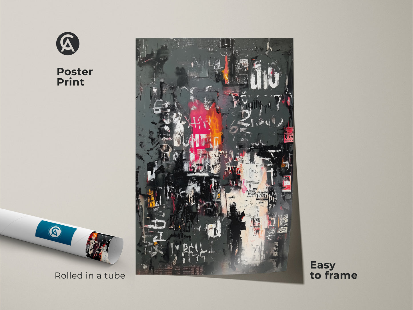 Abstract urban collage art poster print. The artwork is rolled in a tube for easy framing. This bold and colorful art adds a modern touch. Perfect for any space. Shop now and elevate your decor.