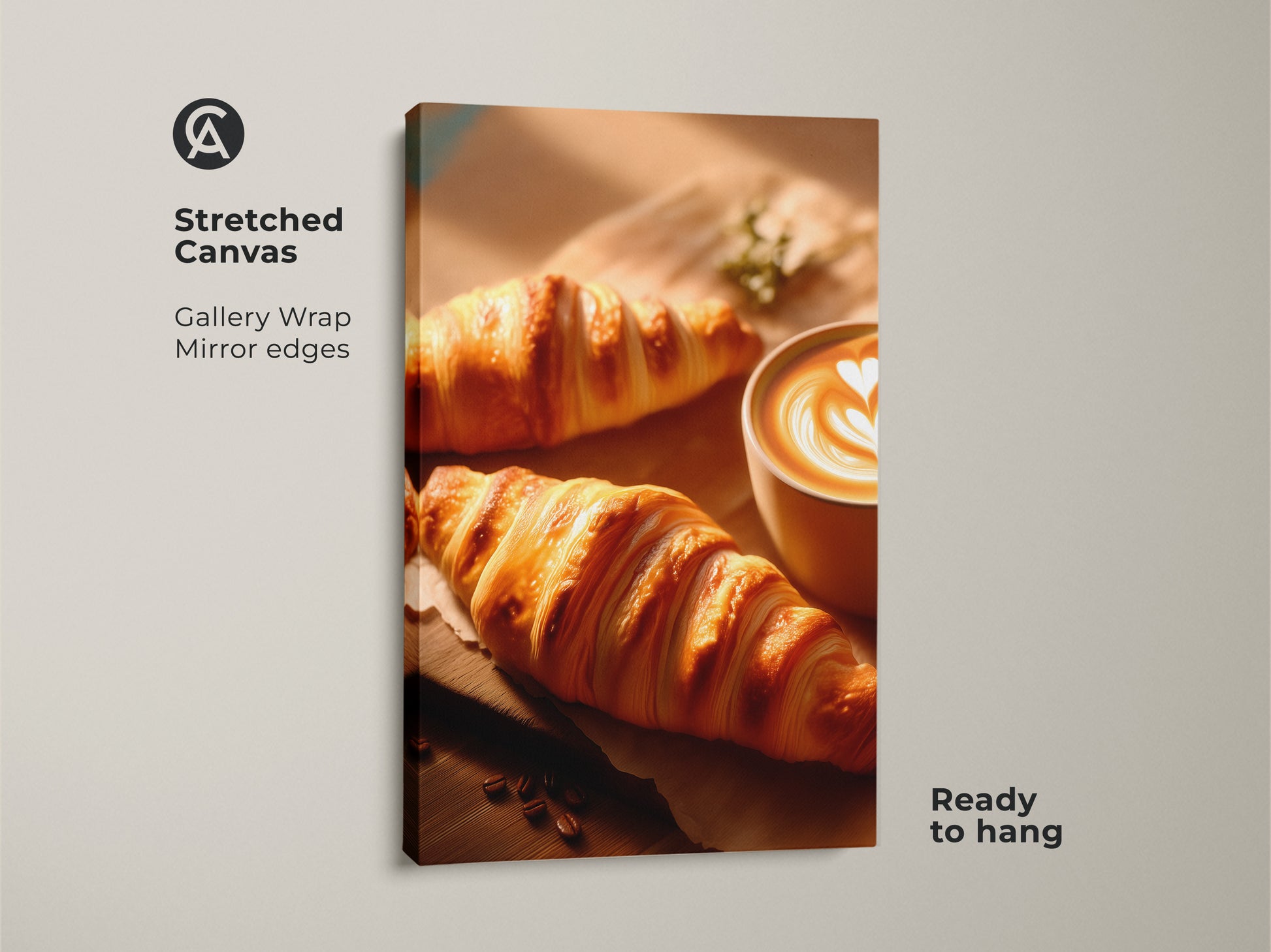 Stretched Canvas of Croissant and Latte art print. Beige kitchen wall art for coffee enthusiasts. Gallery wrap with mirror edges. Contemporary coffee art is ready to hang adding charm to any space.