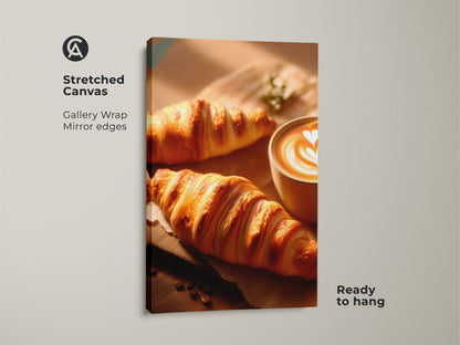Stretched Canvas of Croissant and Latte art print. Beige kitchen wall art for coffee enthusiasts. Gallery wrap with mirror edges. Contemporary coffee art is ready to hang adding charm to any space.