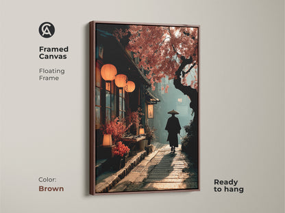 Showcasing a brown floating frame this samurai art print displays a peaceful Japanese street. It features a lone samurai under cherry blossoms. The warm orange and deep brown tones capture the essence of Japandi. This framed canvas is ready to hang adding an oriental touch to any room.