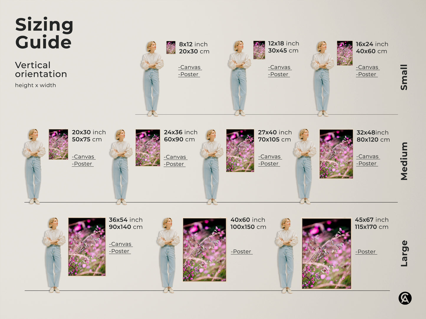 Sizing guide for vertical orientation of botanical art print. Options include canvas and poster in various sizes. Find the perfect fit for your space. From small to large this pink wildflower art will fit.