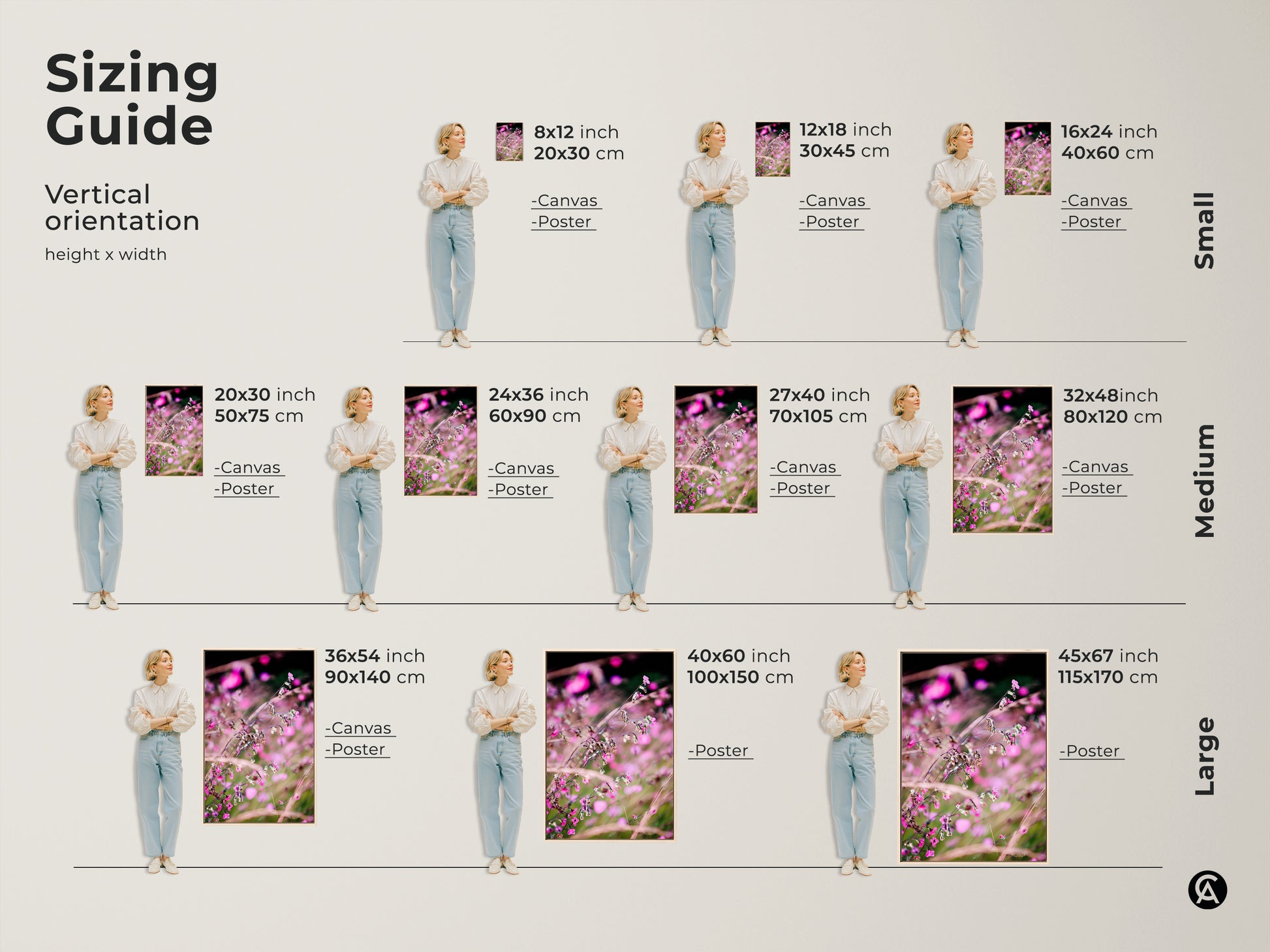 Sizing guide for vertical orientation of botanical art print. Options include canvas and poster in various sizes. Find the perfect fit for your space. From small to large this pink wildflower art will fit.