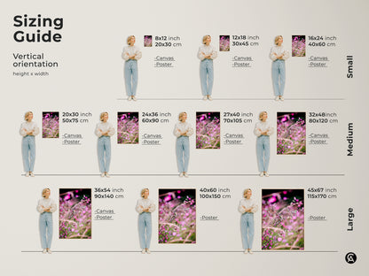Sizing guide for vertical orientation of botanical art print. Options include canvas and poster in various sizes. Find the perfect fit for your space. From small to large this pink wildflower art will fit.