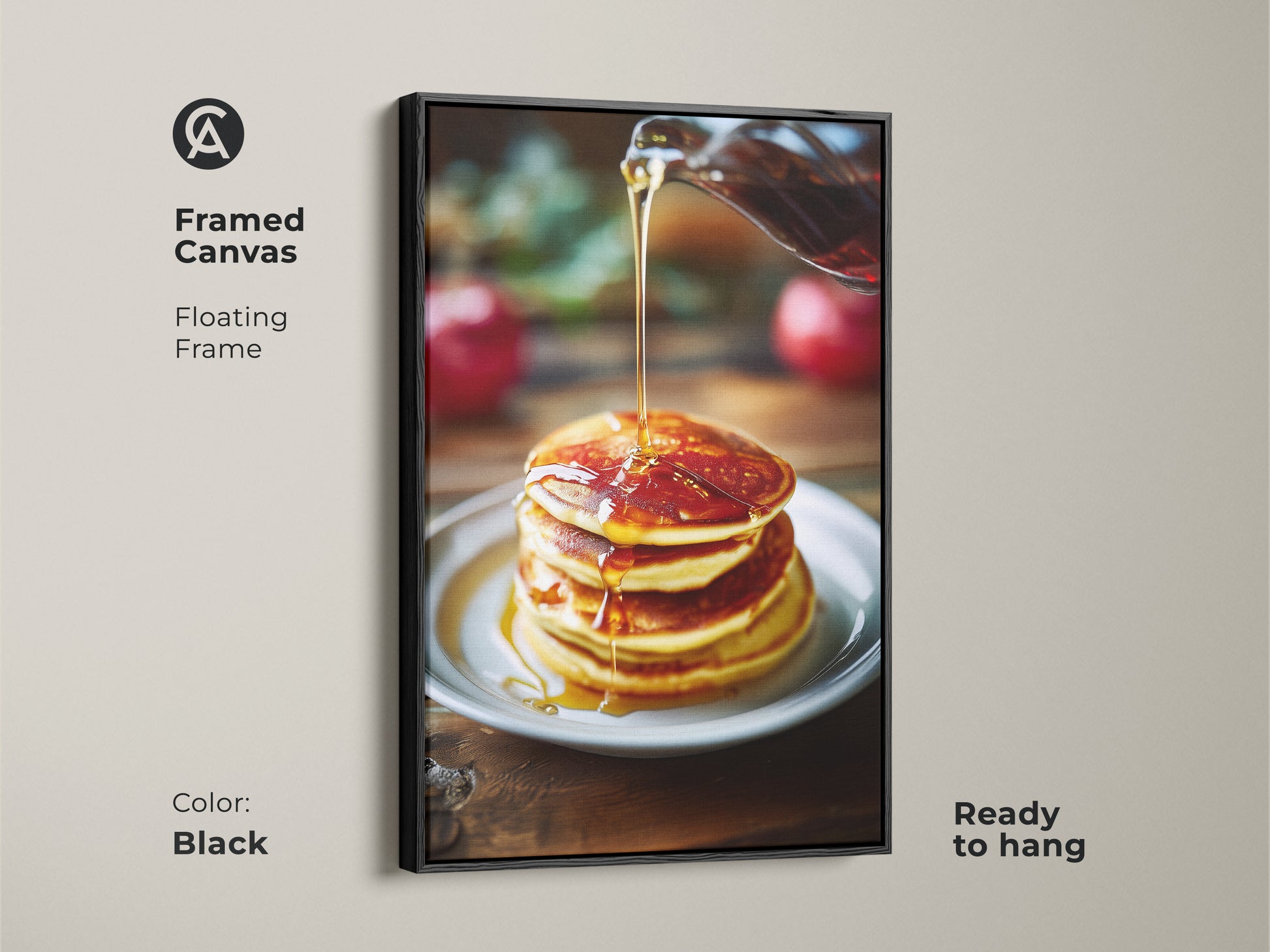Framed canvas art of pancakes with golden syrup. The floating frame in black enhances the food photography. It's ready to hang and perfect for kitchen decor. The amber and golden yellow tones add warmth. Ideal for breakfast wall art.