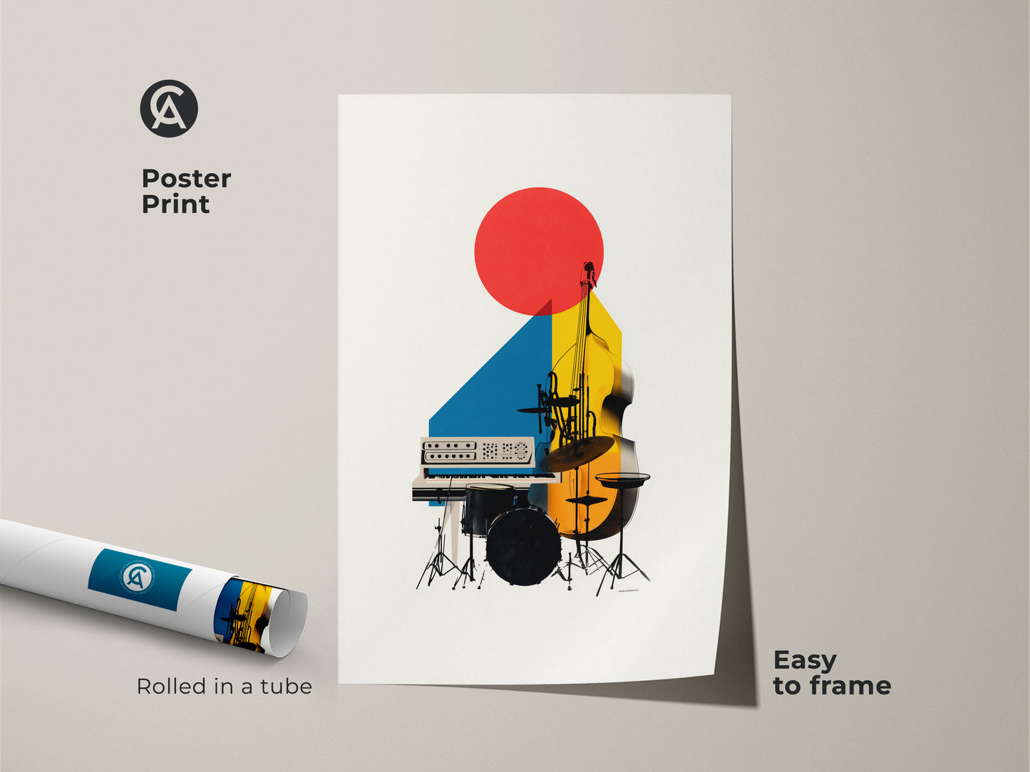 Poster print of abstract geometric artwork rolled in a tube for easy framing. This modern music print features a double bass and synth art with red yellow and blue geometric shapes. 