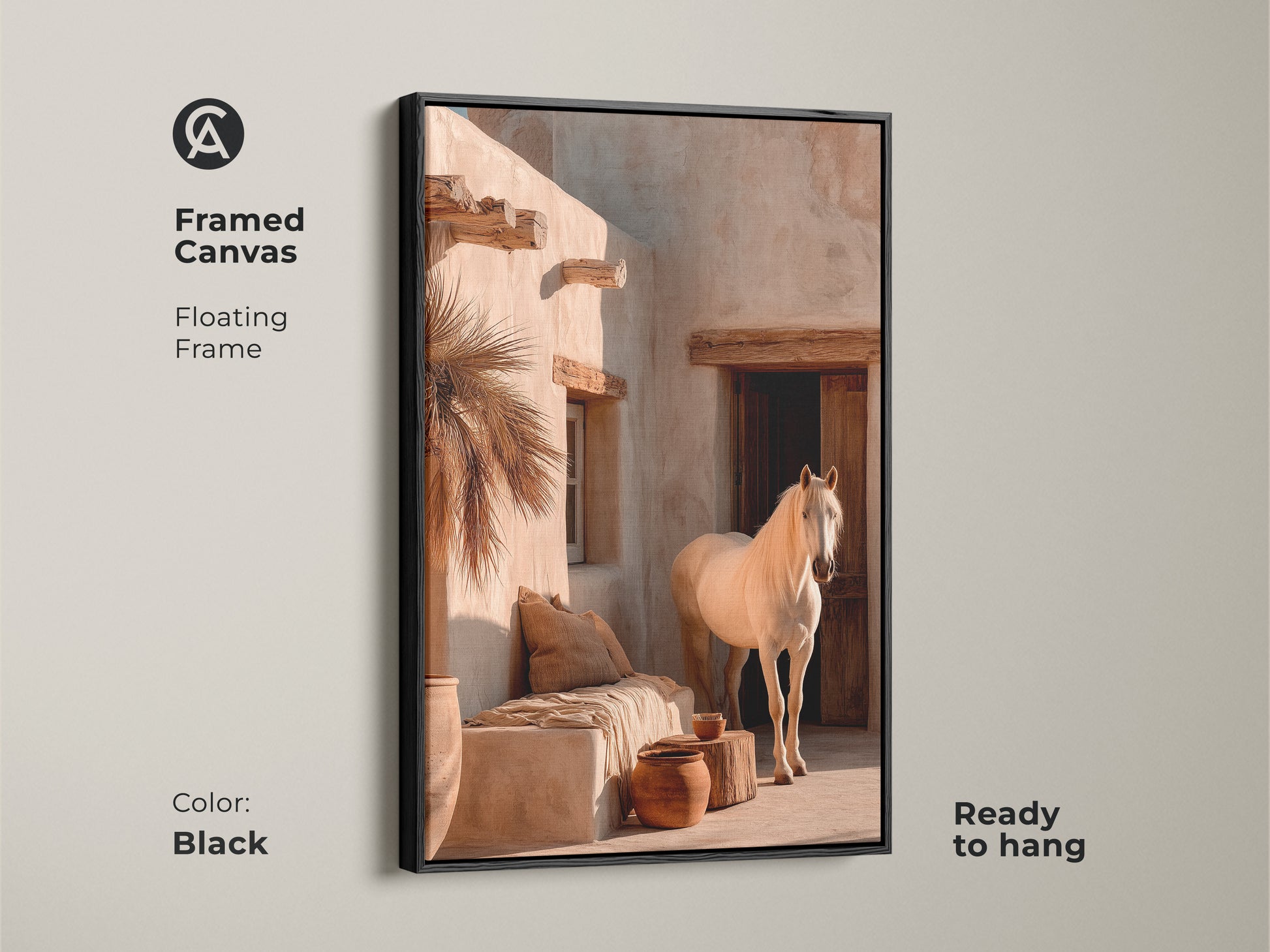 Framed canvas art of a white horse in a desert setting. Black floating frame enhances this equestrian wall hanging. Ready to hang and adds a touch of rustic charm. This boho home decor piece is perfect for creating a tranquil space. A great gift for animal lovers.