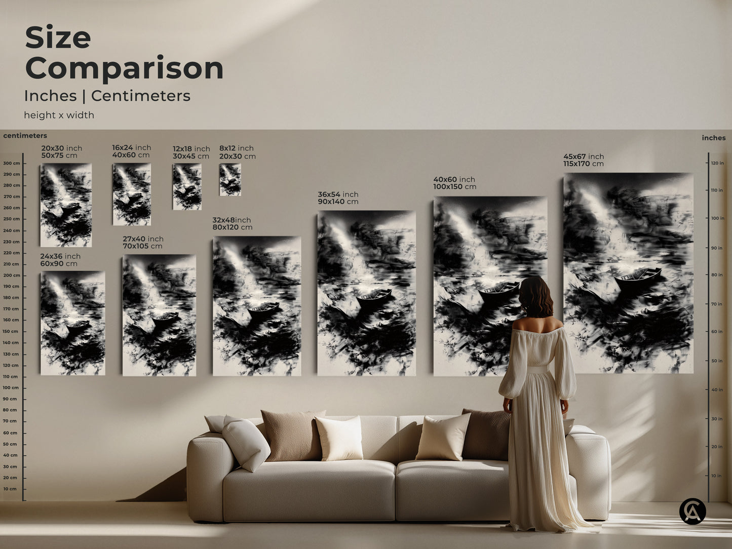 Compare sizes of this minimalist boat art. The monochrome nature print fits any space. A black and white canvas makes a stunning focal point. Choose the perfect size for your living room bedroom or office. Shop now for abstract ocean scene wall decor. Add a touch of calm to your home.