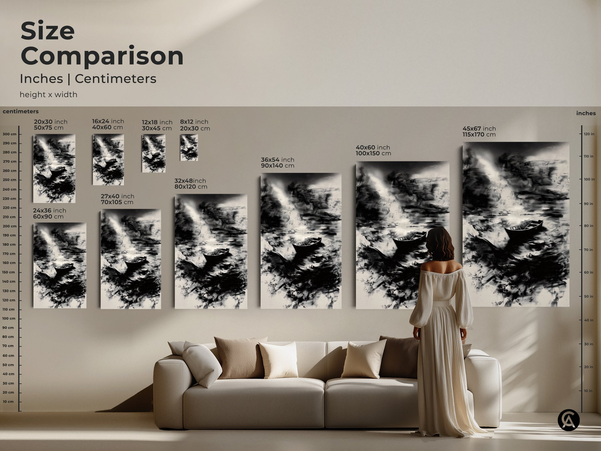 Compare sizes of this minimalist boat art. The monochrome nature print fits any space. A black and white canvas makes a stunning focal point. Choose the perfect size for your living room bedroom or office. Shop now for abstract ocean scene wall decor. Add a touch of calm to your home.