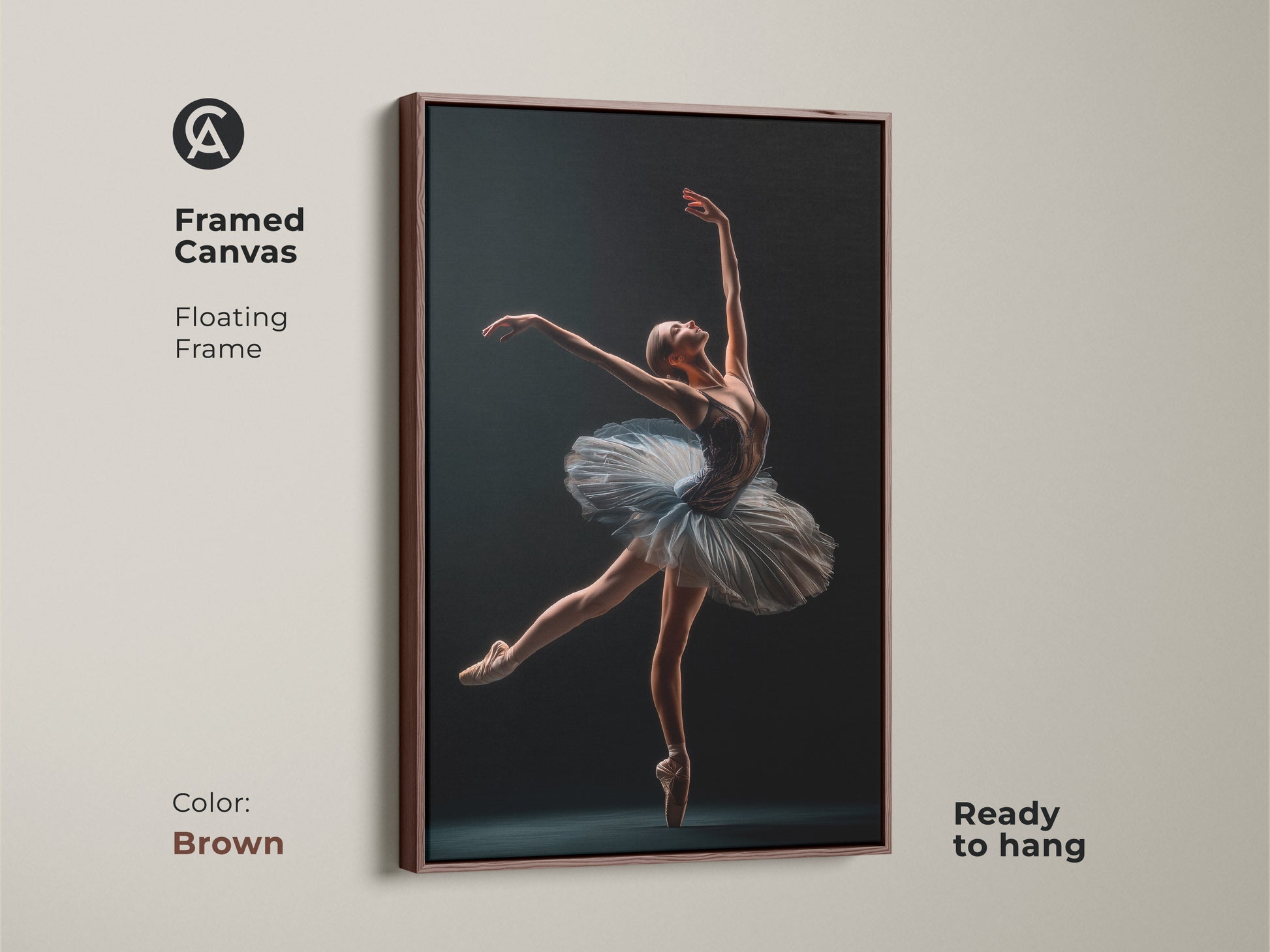 Brown framed canvas art print of a ballerina. The floating frame enhances the elegance of the piece. It arrives ready to hang. Perfect for adding artistic flair to any room. Display this beautiful artwork.