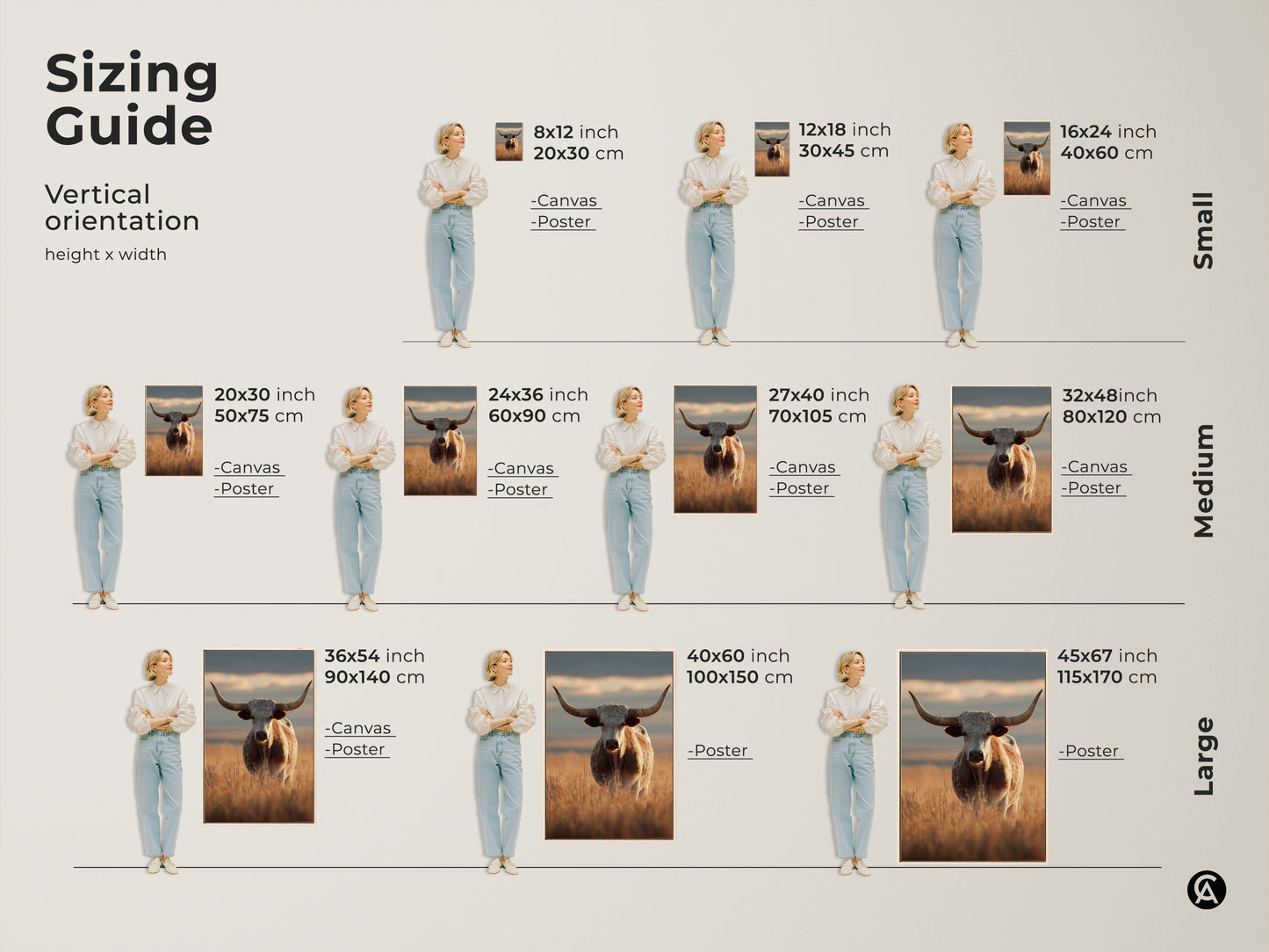 Sizing guide for longhorn cattle canvas and poster prints. Visualize different sizes to find the perfect fit for your space. Ideal for farmhouse and rustic wildlife art in any room from small to large.