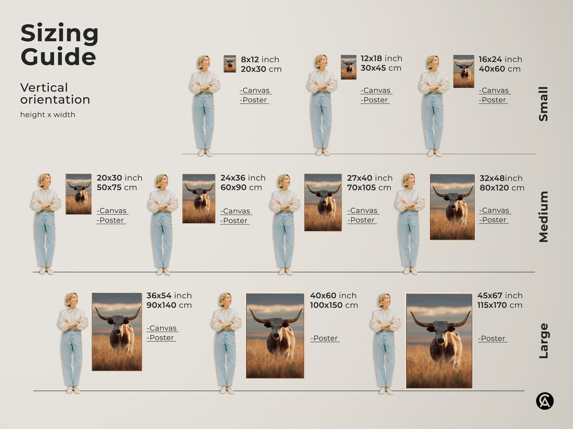 Sizing guide for longhorn cattle canvas and poster prints. Visualize different sizes to find the perfect fit for your space. Ideal for farmhouse and rustic wildlife art in any room from small to large.