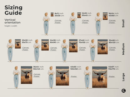 Sizing guide for longhorn cattle canvas and poster prints. Visualize different sizes to find the perfect fit for your space. Ideal for farmhouse and rustic wildlife art in any room from small to large.