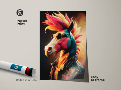 Poster print of punk rock horse art rolled in a tube. This retro animal artwork is easy to frame. This makes a great birthday gift for musician lovers.