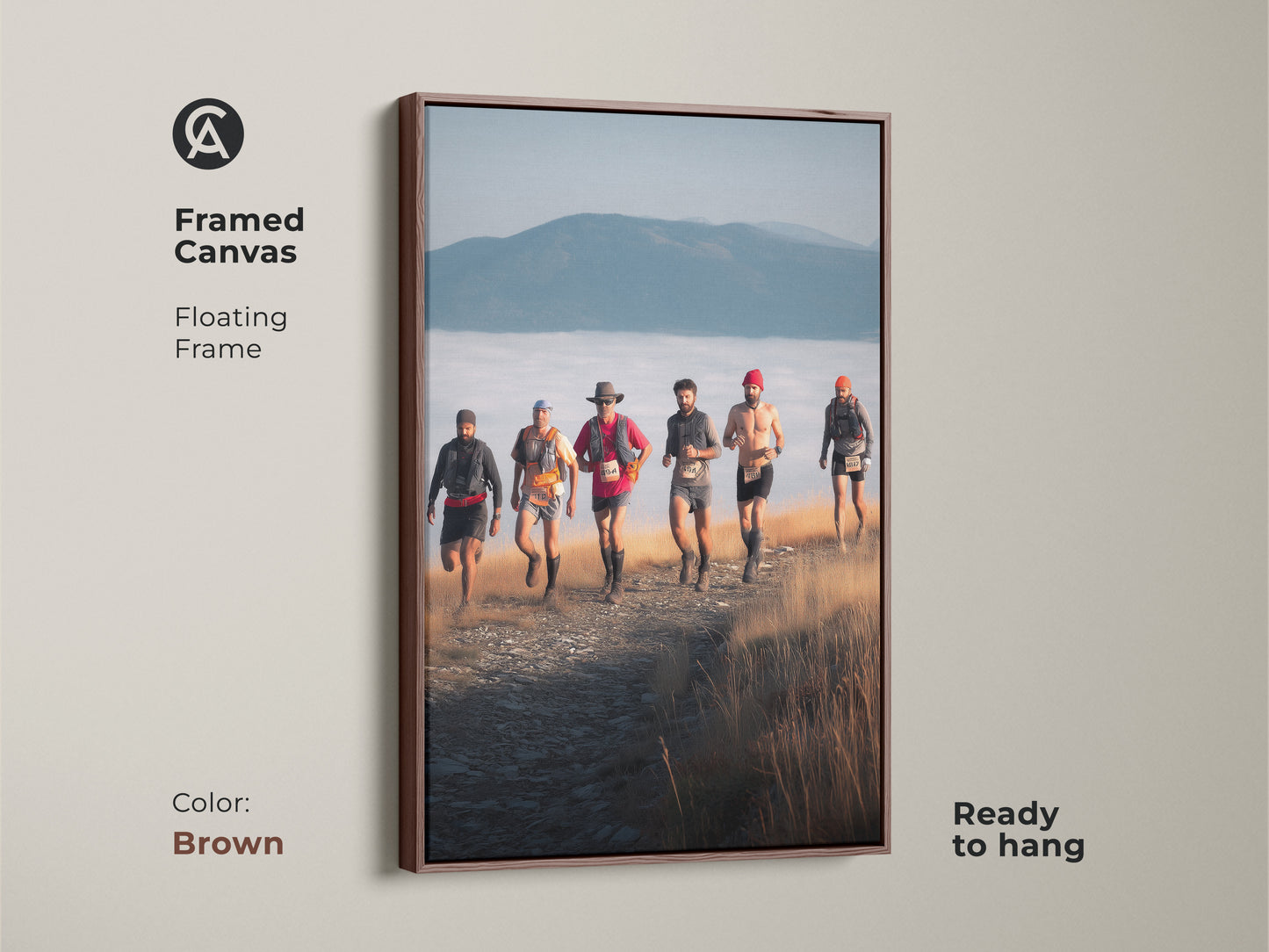 Brown framed canvas showing a group of trail runners ascending a mountain. This adventure photography art is a great gift for outdoor enthusiasts. This rustic wall decor is ready to hang and captures the spirit of the great outdoors. The earth tones complement any room.