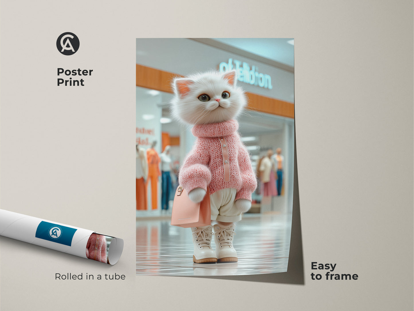 Poster print of a cute white cat dressed in a pink sweater at the mall. This charming cat artwork is easy to frame. Rolled in a tube for safe shipping. Perfect for adding a touch of whimsy to any room.