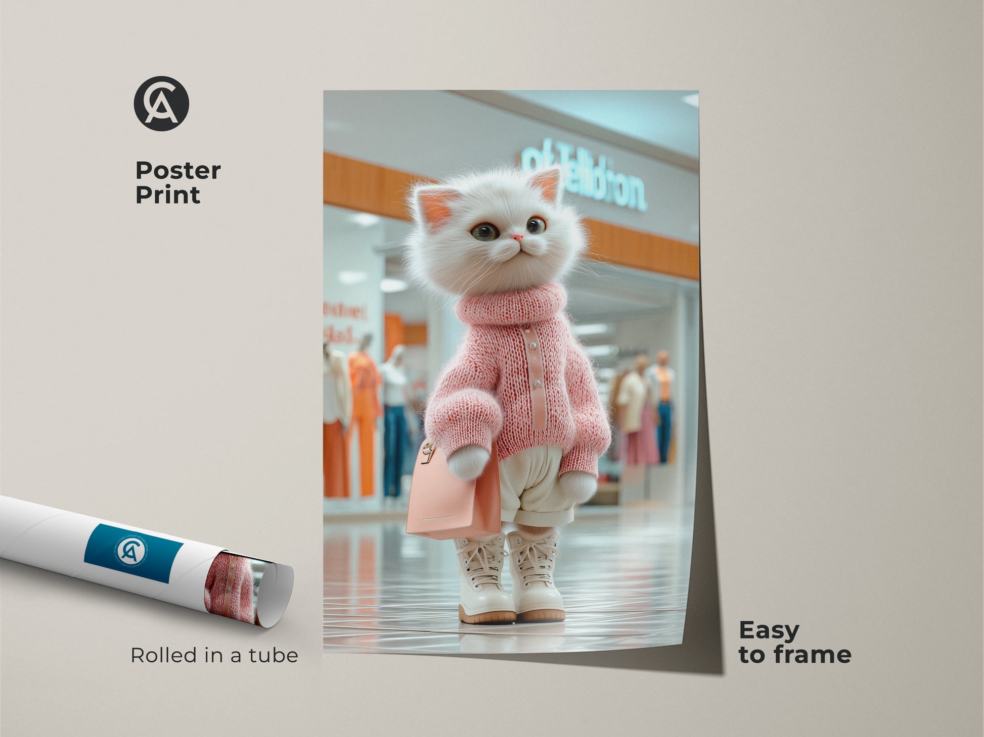 Poster print of a cute white cat dressed in a pink sweater at the mall. This charming cat artwork is easy to frame. Rolled in a tube for safe shipping. Perfect for adding a touch of whimsy to any room.