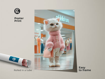 Poster print of a cute white cat dressed in a pink sweater at the mall. This charming cat artwork is easy to frame. Rolled in a tube for safe shipping. Perfect for adding a touch of whimsy to any room.