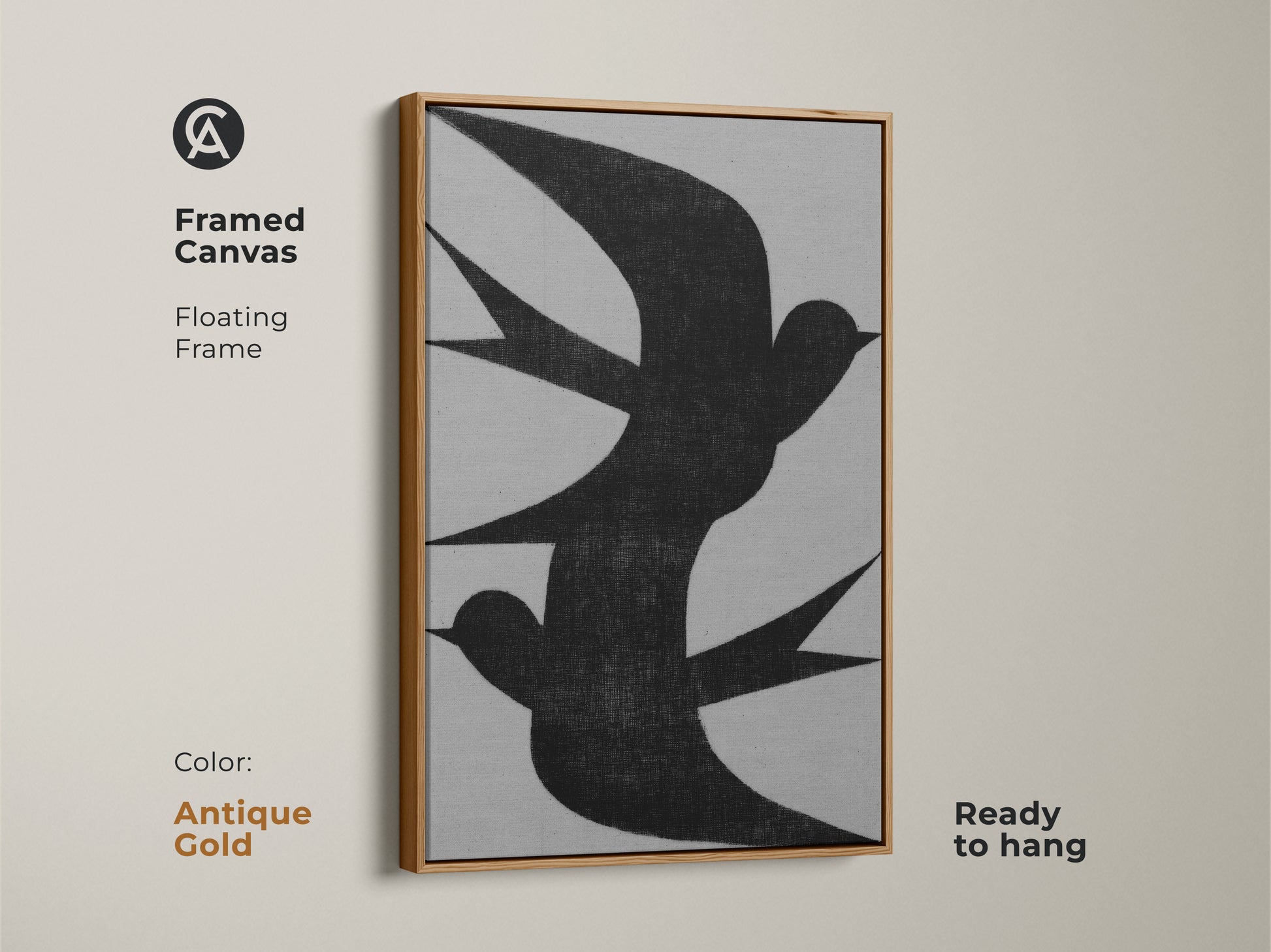 Framed canvas of minimalist wall art featuring an abstract black swallow flock. The floating frame color is antique gold. This modern grey nature decor is ready to hang. Consider this housewarming gift canvas for minimalist homes. The abstract artwork of birds will complement a neutral bedroom.