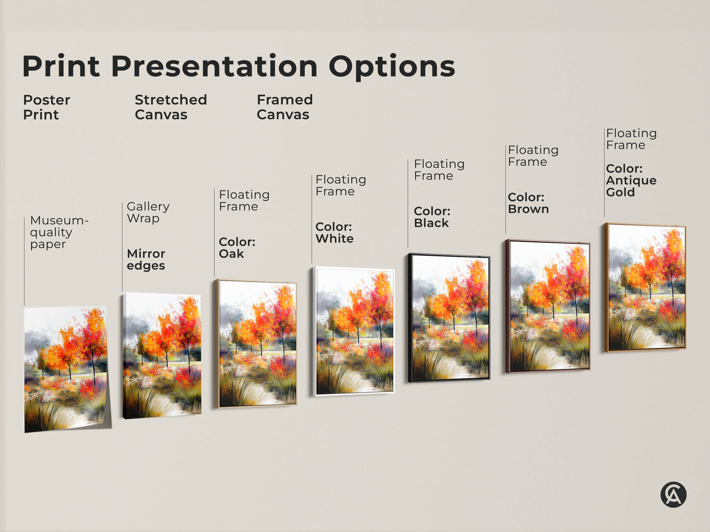 Explore print presentation options for autumn tree artwork. Choose from poster prints stretched canvas or framed canvas. Options include gallery wrap museum-quality paper and floating frames. Find the perfect art for your space.