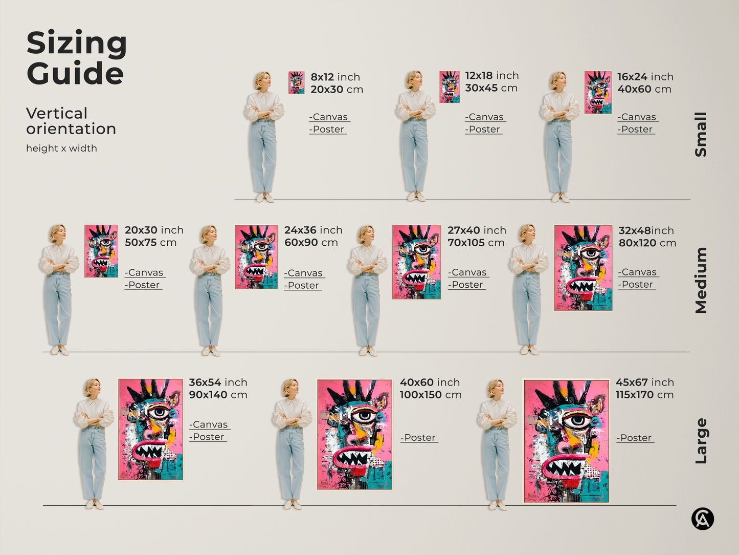 Explore various art sizes. This vertical orientation sizing guide displays canvas and poster options. The abstract face artwork looks stunning in any size. Find the perfect fit for your space. Choose from small medium and large art prints.