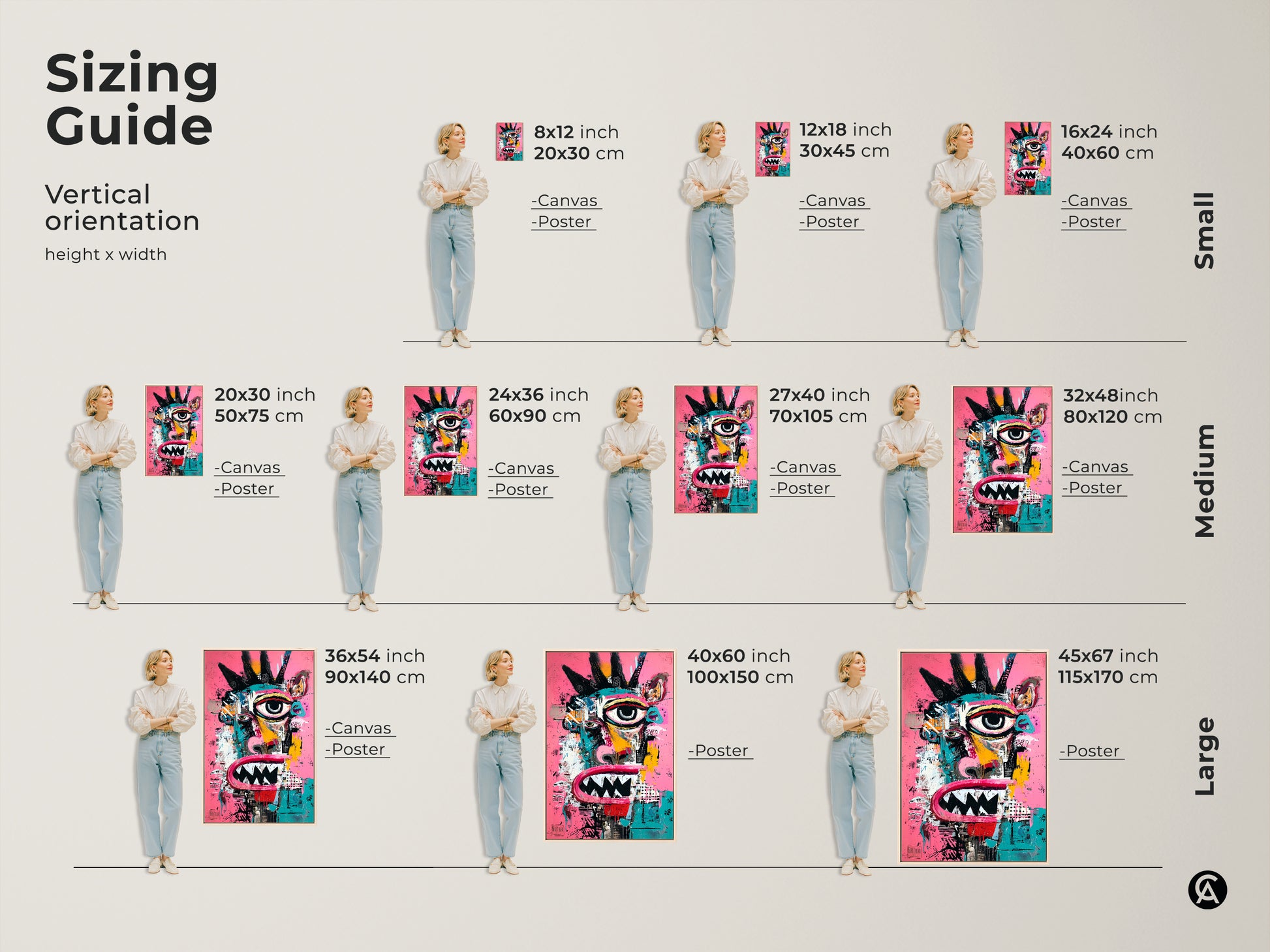 Explore various art sizes. This vertical orientation sizing guide displays canvas and poster options. The abstract face artwork looks stunning in any size. Find the perfect fit for your space. Choose from small medium and large art prints.