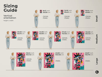 Explore various art sizes. This vertical orientation sizing guide displays canvas and poster options. The abstract face artwork looks stunning in any size. Find the perfect fit for your space. Choose from small medium and large art prints.