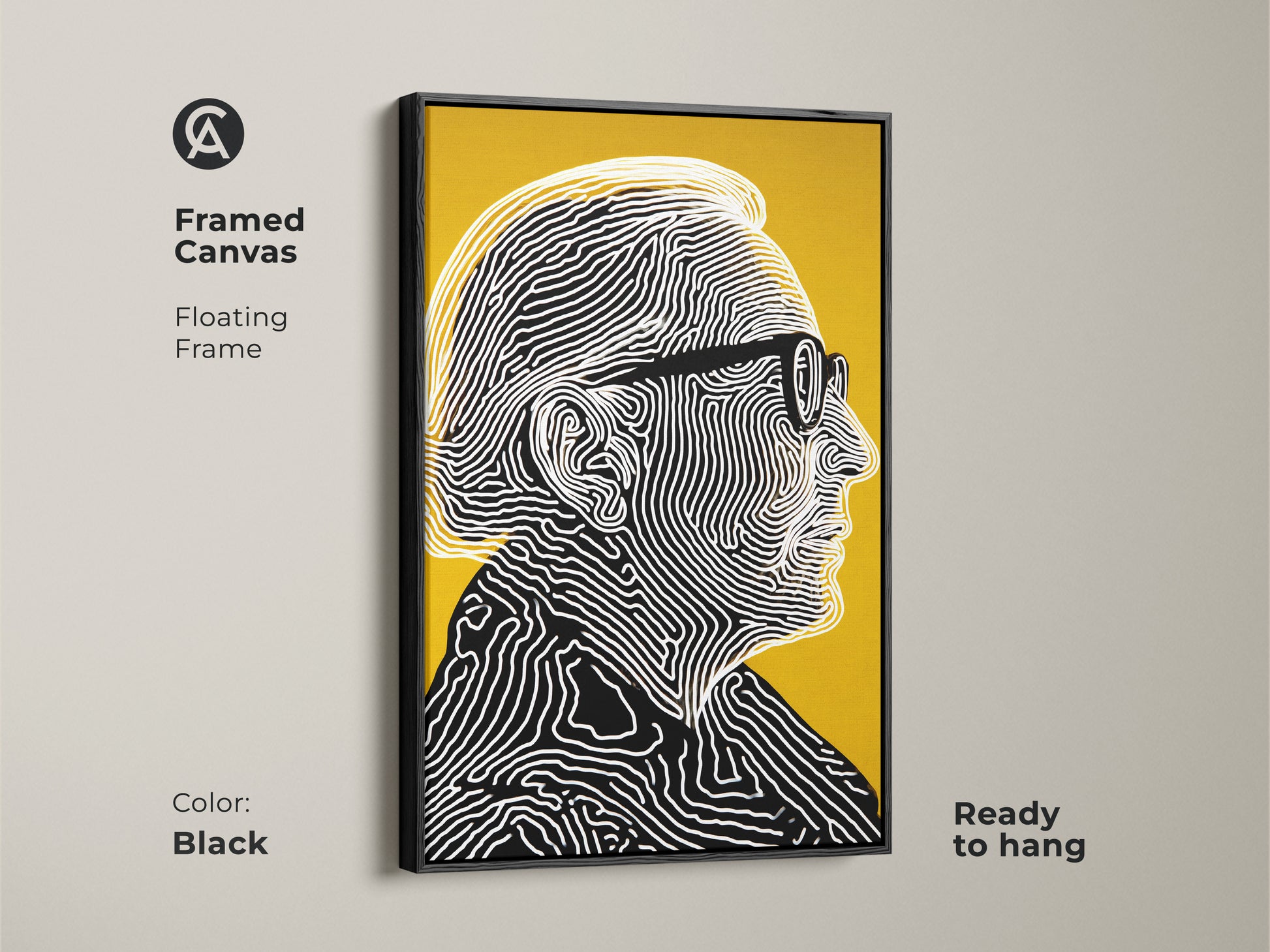 Framed canvas artwork featuring a portrait of a man with glasses. The black floating frame enhances the modern artwork. It features black and white line art on a yellow background. Ready to hang and adds a touch of elegance.