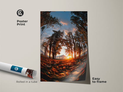 Poster print of a fisheye view of a sunset through trees artwork. The print is rolled in a tube for protection. The sun shines behind a distant house. Fallen leaves cover the ground. This nature art is easy to frame and display.