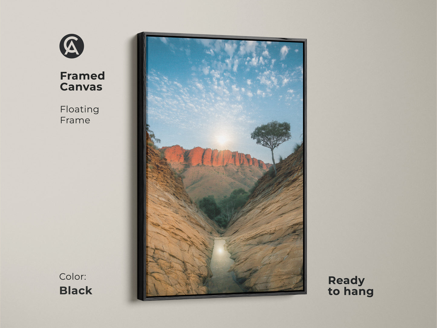 Enhance your decor with this framed canvas showcasing a red rock desert canyon. The black floating frame adds a touch of elegance to this nature photography art. Ready to hang this Australian outback canvas brings a contemporary feel to any room. A perfect gift for adventurers.