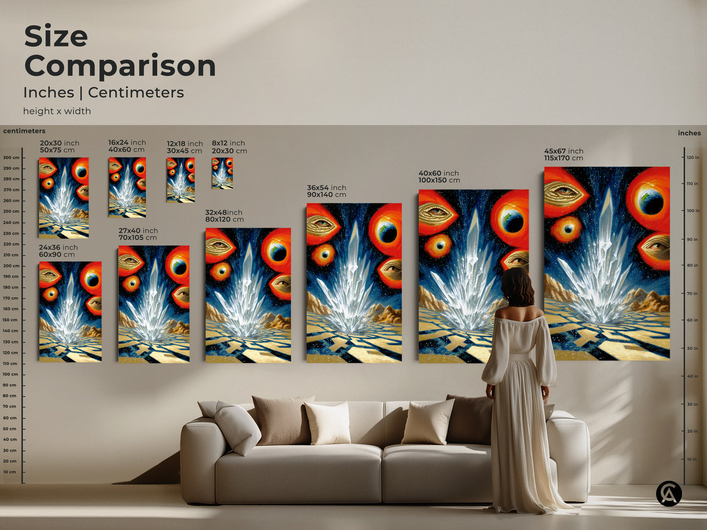 Size comparison of surreal crystal landscape art prints in inches and centimeters. Visualize art in various sizes to perfectly fit your space. This abstract celestial artwork is ideal for creating a statement in any room for surreal space lovers.