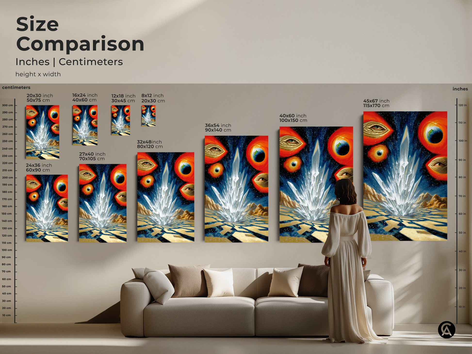 Size comparison of surreal crystal landscape art prints in inches and centimeters. Visualize art in various sizes to perfectly fit your space. This abstract celestial artwork is ideal for creating a statement in any room for surreal space lovers.