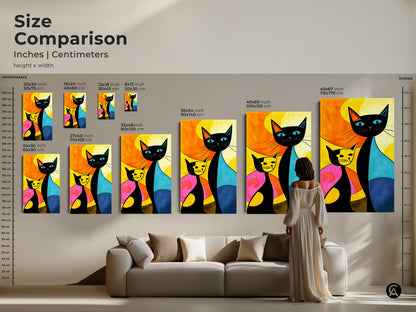 Size comparison of cat artwork. Available in inches and centimeters height x width. Choose from canvas or poster prints. Find the perfect size for your home decor. Various sizes available from small to large.