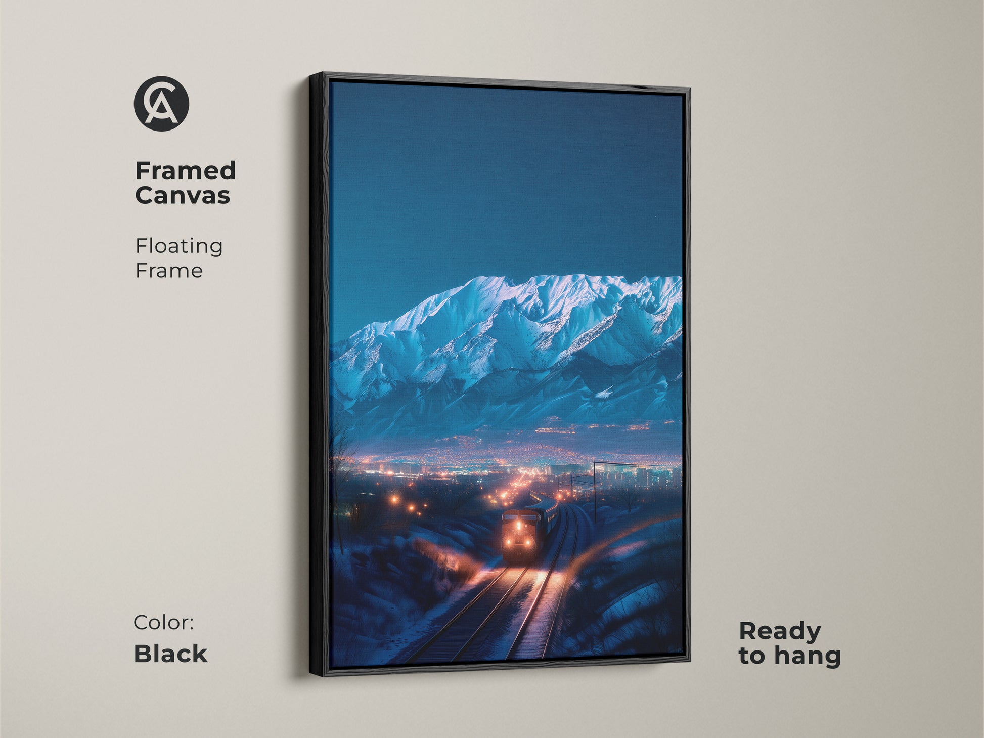 Framed canvas featuring indigo mountains. A train passes a nighttime cityscape. Black floating frame complements modern interiors. The ready to hang artwork offers contemporary home decor. This art is an exceptional gift for train enthusiasts.